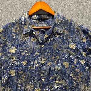 Woolrich Mens‎ Navy Woodblock Leave Floral Button Down Shirt 6646CB Blue Gold M